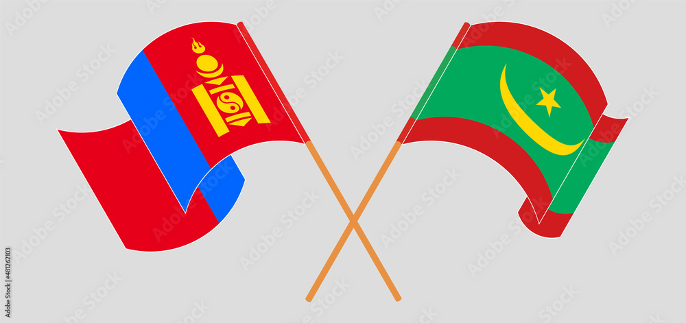 Crossed and waving flags of Mongolia and Mauritania Crossed and waving flags of Mongolia and Mauritania