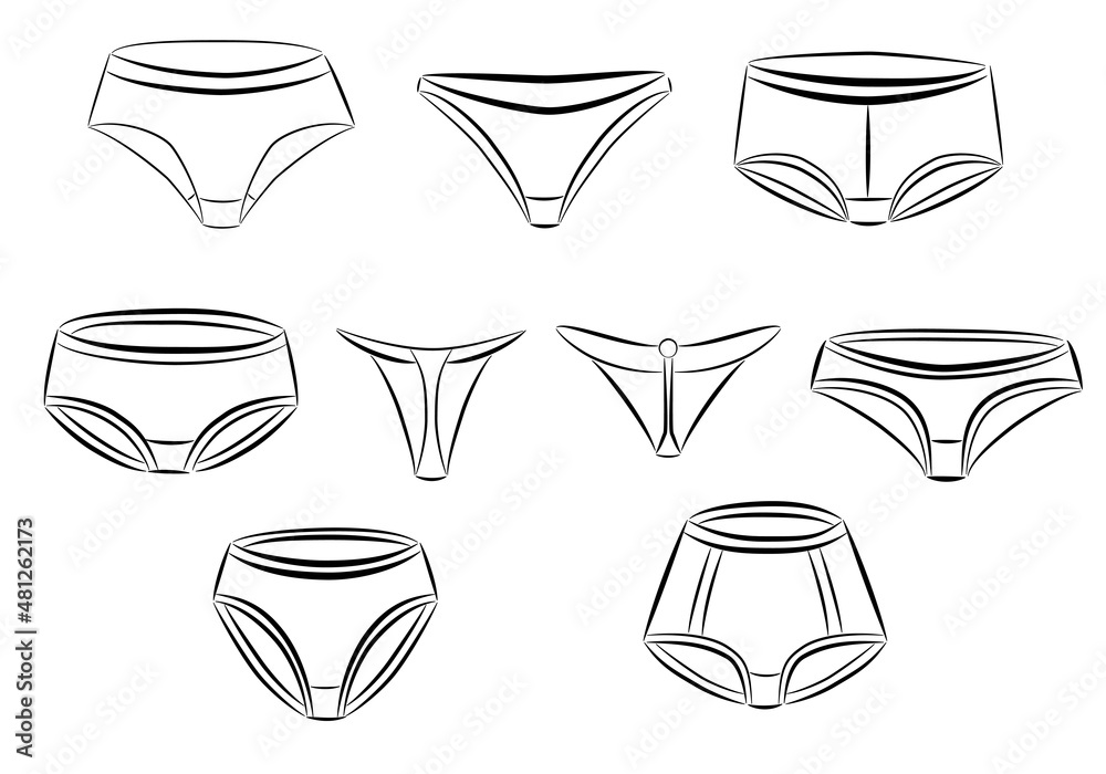 Woman pants of various models in outline style isolated on white background. Female underwear collection for product marking, textile labelling, clothing production or other use. Vector illustration. Woman pants of various models in outline style isolated on white background. Female underwear collection for product marking, textile labelling, clothing production or other use. Vector illustration.