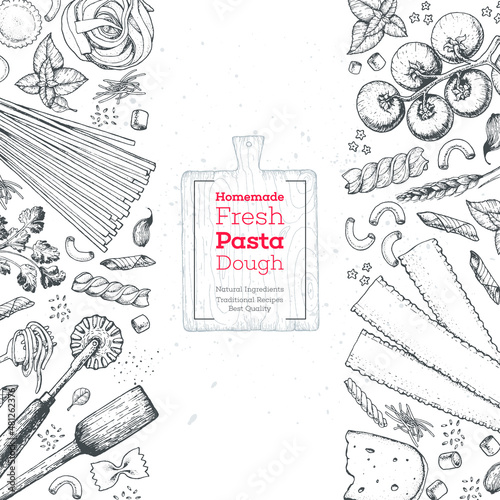 Italian pasta poster. Hand drawn vector illustration. Collection of pasta different types. Italian food design template. Engraved sketch style.