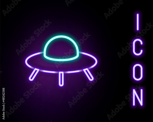 Glowing neon line UFO flying spaceship icon isolated on black background. Flying saucer. Alien space ship. Futuristic unknown flying object. Colorful outline concept. Vector