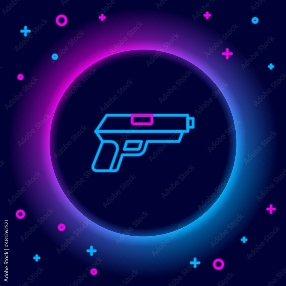 Glowing neon line Pistol or gun icon isolated on black background. Police or military handgun. Small firearm. Colorful outline concept. Vector
