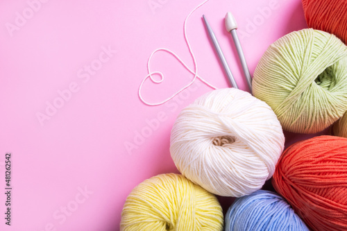 Closeup of multicolored balls of knitting yarn