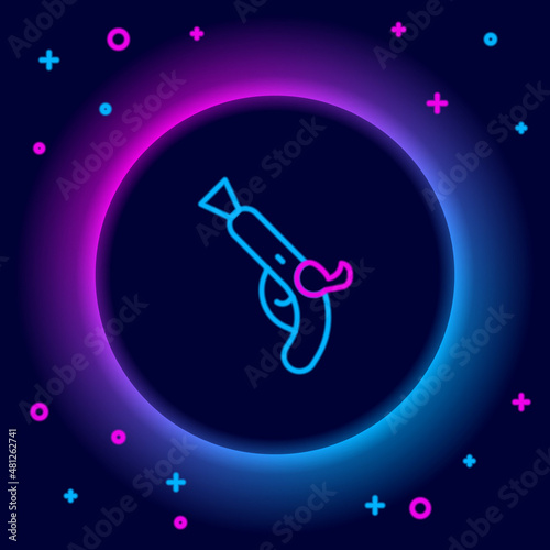 Glowing neon line Vintage pistols icon isolated on black background. Ancient weapon. Colorful outline concept. Vector
