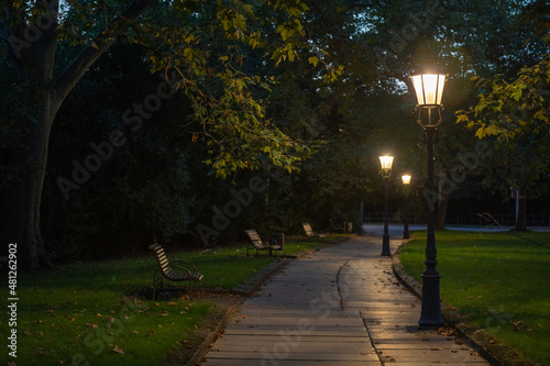 Image of a park path in the light of lanterns at night with park bench