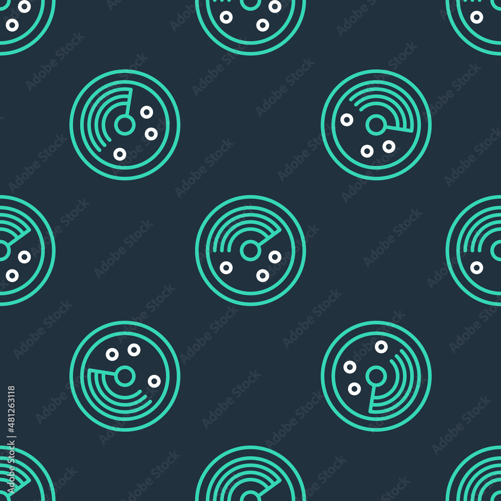 Line Radar with targets on monitor in searching icon isolated seamless pattern on black background. Search system. Navy sonar. Vector Line Radar with targets on monitor in searching icon isolated seamless pattern on black background. Search system. Navy sonar. Vector