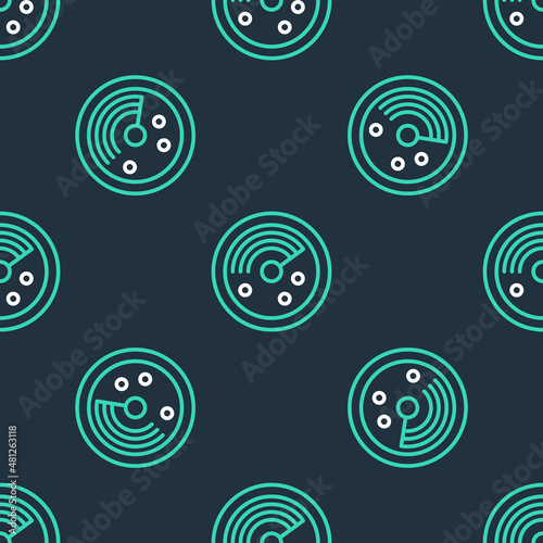 Line Radar with targets on monitor in searching icon isolated seamless pattern on black background. Search system. Navy sonar. Vector