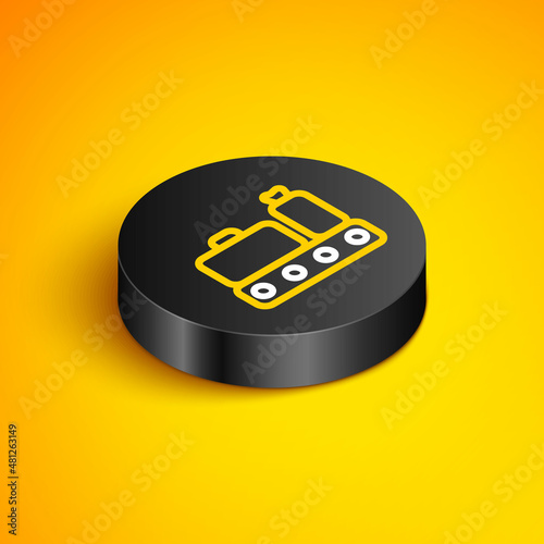 Isometric line Airport conveyor belt with passenger luggage, suitcase, bag, baggage icon isolated on yellow background. Black circle button. Vector