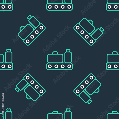 Line Airport conveyor belt with passenger luggage, suitcase, bag, baggage icon isolated seamless pattern on black background. Vector