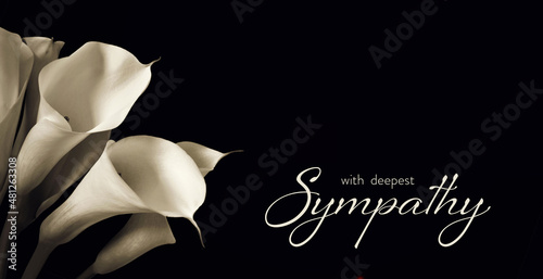 Condolence card with white calla lilies isolated on black background