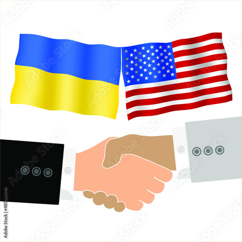 Friendly handshake on the background of two flags. Men handshake on the background of the Ukraine and US flag. Support concept.