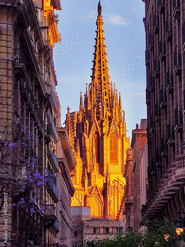 Sunlit Gothic cathedral of Barcelona the centre of the Catalan capital. Catalonia, Spain
