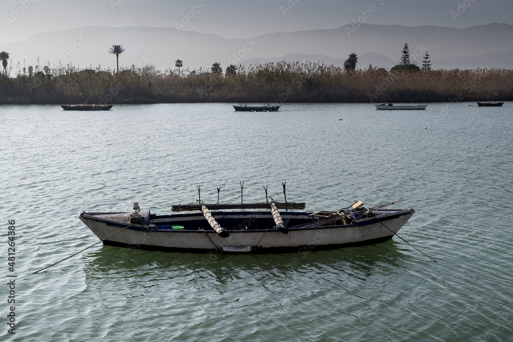 Paisaje del Parque Natural de  La Albufera de Valencia en Cullera, con una barca típica del lago.