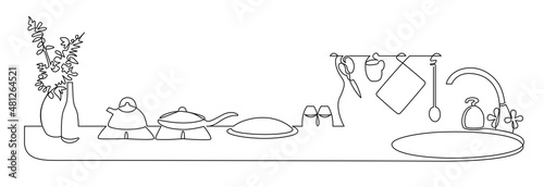 Continuous one line drawing of Kitchen interior with home appliances. Kitchen worktop with gas hob and sink for washing dishes vector illustration