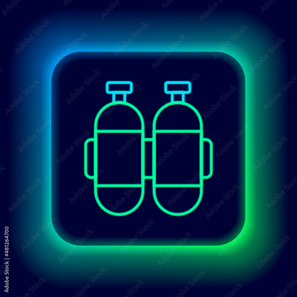 Glowing neon line Aqualung icon isolated on black background. Oxygen tank for diver. Diving equipment. Extreme sport. Diving underwater equipment. Colorful outline concept. Vector Glowing neon line Aqualung icon isolated on black background. Oxygen tank for diver. Diving equipment. Extreme sport. Diving underwater equipment. Colorful outline concept. Vector