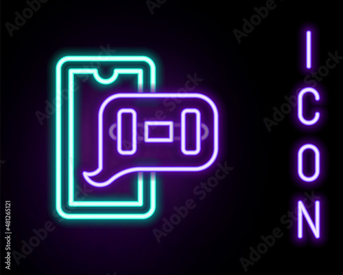 Glowing neon line Fitness app for sports icon isolated on black background. Healthcare mobile app concept. Online fitness or mobile trainer. Colorful outline concept. Vector