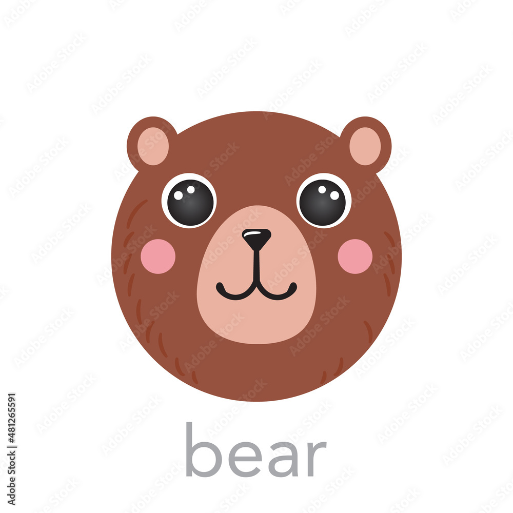 Bear Cute portrait with name text smiley head cartoon round shape animal face, isolated vector icon illustrations on white background. Flat hand drawn for kids poster, mobile, t-shirts, baby clothes