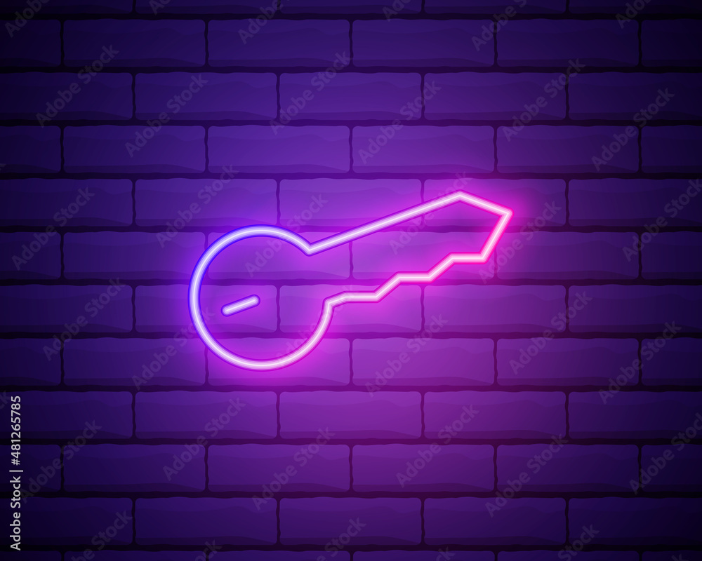 Glowing neon Cryptocurrency key icon isolated on brick wall background. Concept of cyber security or private key, digital key with technology interface. Vector Glowing neon Cryptocurrency key icon isolated on brick wall background. Concept of cyber security or private key, digital key with technology interface. Vector