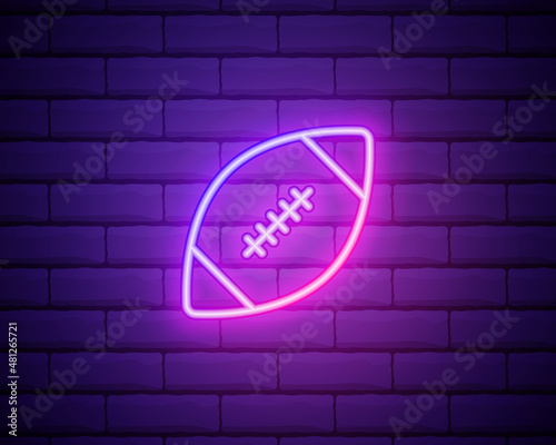 American football, rugby ball, sport logo. Pink neon style on brick wall background. Light linear icon with editable stroke