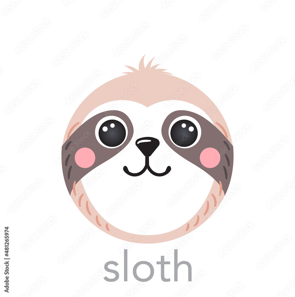 Sloth Cute portrait with name text smiley head cartoon round shape animal face, isolated vector icon illustrations on white background. Flat simple hand drawn for kids poster, t-shirts, baby clothes