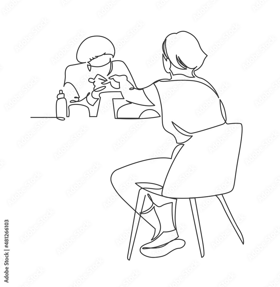 Female master at beauty salon working with client doing manicure minimalist continuous line vector Female master at beauty salon working with client doing manicure minimalist continuous line vector