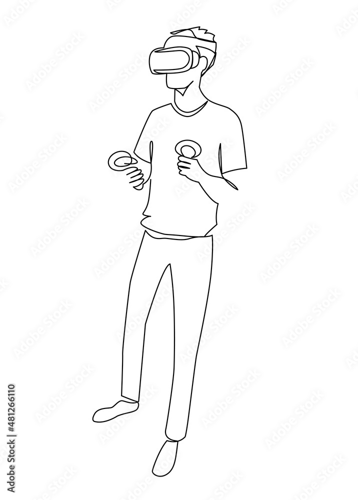 Man in virtual reality headset and motion controller continuous line vector illustration Man in virtual reality headset and motion controller continuous line vector illustration