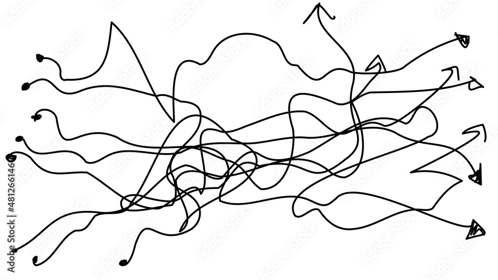 Confusing route arrows in one line on a white background. Intertwined doodle arrows. The concept of racing, logistics, delivery, meetings, dates, quests, investigations, audience coverage. Confusing route arrows in one line on a white background. Intertwined doodle arrows. The concept of racing, logistics, delivery, meetings, dates, quests, investigations, audience coverage.