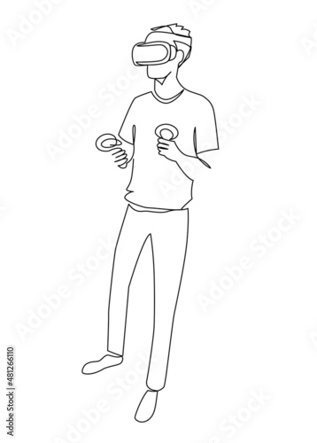 Man in virtual reality headset and motion controller continuous line vector illustration