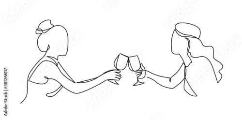 Happy lgbt couple clinking glasses drinking wine at romantic date simple continuous line vector illustration.