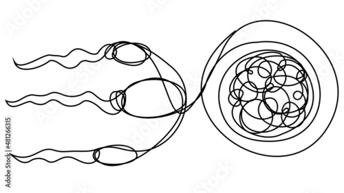 Spermatozoa and egg in one line on a white background. Stock illustration of fertilization.