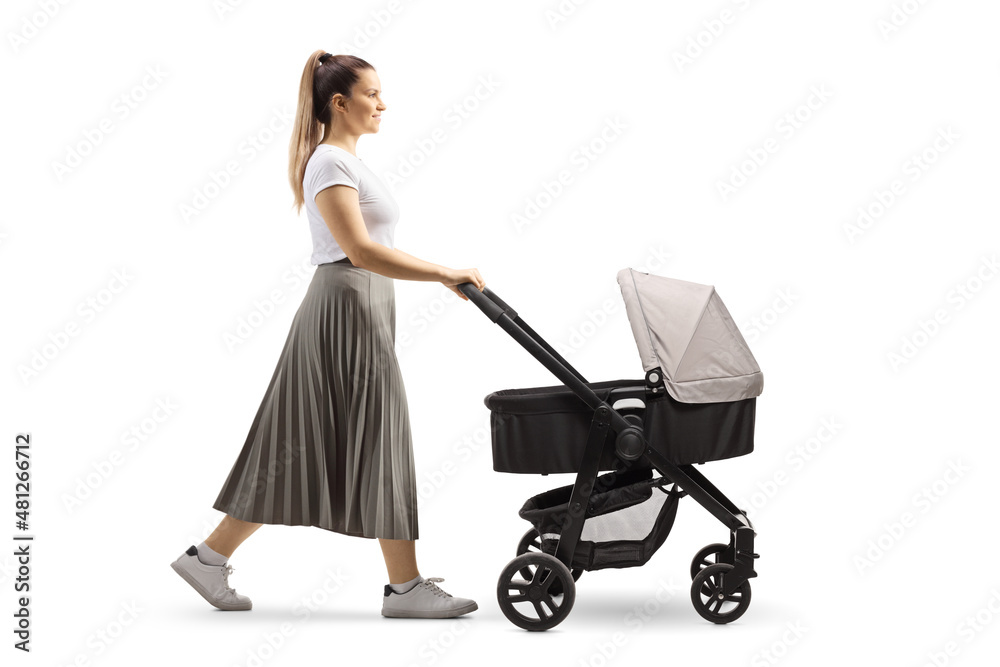 Full length profile shot of a young mother pushing a baby stroller - obrazy, fototapety, plakaty 