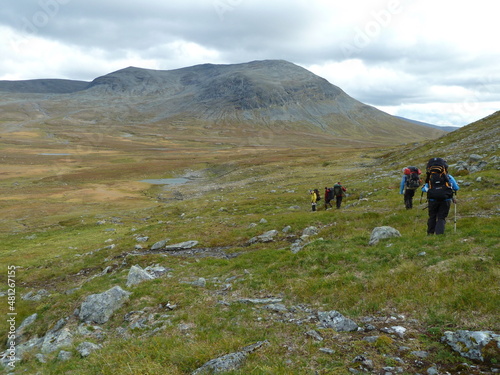 Group of hikers in the swedish fjäll wilderness