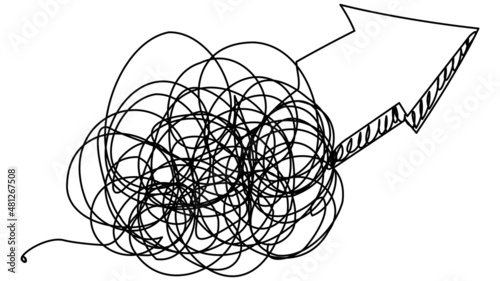 A large arrow growing from a tangled ball on a white background. Vector illustration of growth indicator in one line. Stock illustration of the concept of creating a successful startup, business.