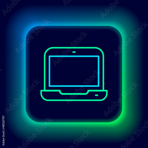 Free Download Glowing neon line Laptop icon isolated on black background. Computer notebook with empty screen sign. Colorful outline concept. Vector - GFXLoad