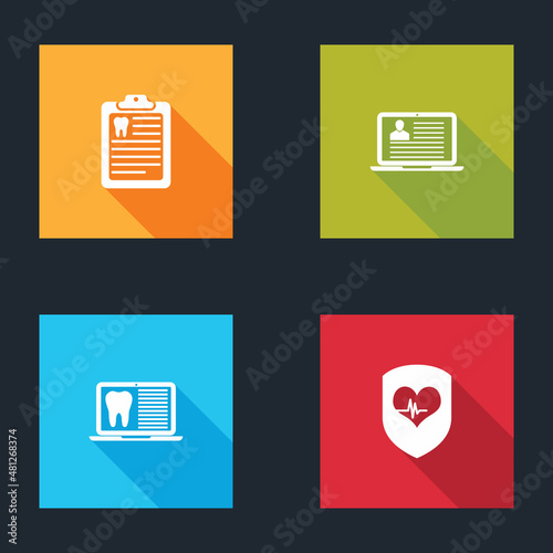 Set Clipboard with dental card, Laptop resume, and Shield and heart rate icon. Vector