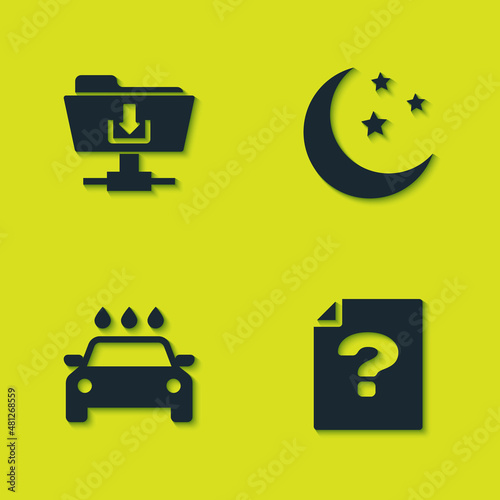 Set FTP folder download, Unknown document, Car wash and Moon and stars icon. Vector