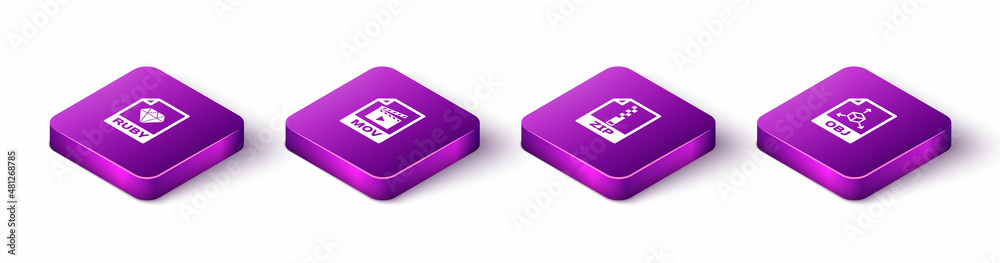 Set Isometric RUBY file document, MOV, ZIP and OBJ icon. Vector Set Isometric RUBY file document, MOV, ZIP and OBJ icon. Vector