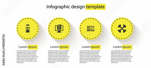 Set Pets vial medical, Clinical record pet on monitor, dog laptop and Crossed bones. Business infographic template. Vector
