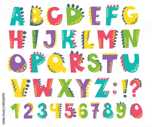 Children's alphabet in the style of dinosaurs. Letters and numbers. Set for inscriptions and lettering. Vector collection