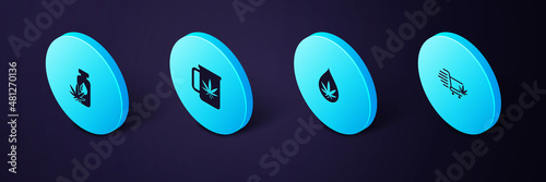 Set Isometric Shopping cart with marijuana, Marijuana or cannabis leaf oil, Cup tea and icon. Vector