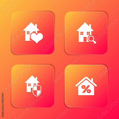 Set House with heart shape, Search house, under protection and percant icon. Vector