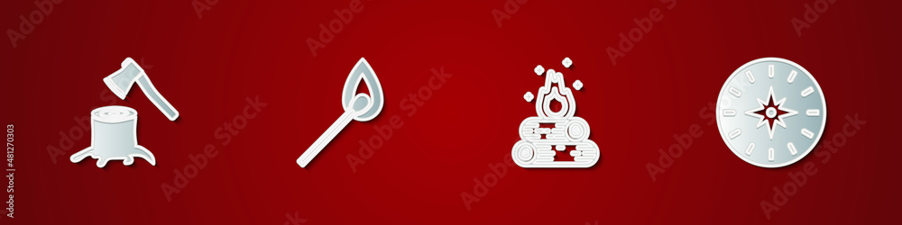 Set Wooden axe in stump, Burning match with fire, Campfire and Compass icon. Vector Set Wooden axe in stump, Burning match with fire, Campfire and Compass icon. Vector