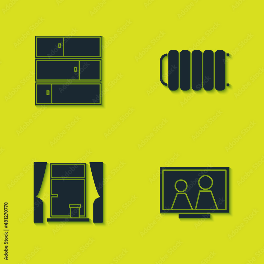 Set Shelf, Picture frame on table, Window with curtains and Heating radiator icon. Vector Set Shelf, Picture frame on table, Window with curtains and Heating radiator icon. Vector