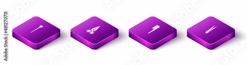 Set Isometric Makeup brush, Scissors, Hairbrush and Eyebrow tweezers icon. Vector
