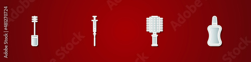 Set Mascara brush, Syringe, Hairbrush and Nail polish bottle icon. Vector