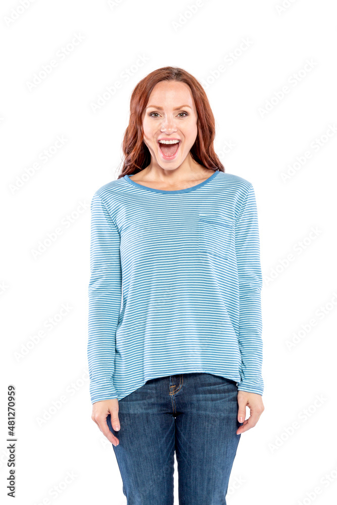 A woman with long red hair, wearing a blue and white striped shirt is very excited. A woman with long red hair, wearing a blue and white striped shirt is very excited.
