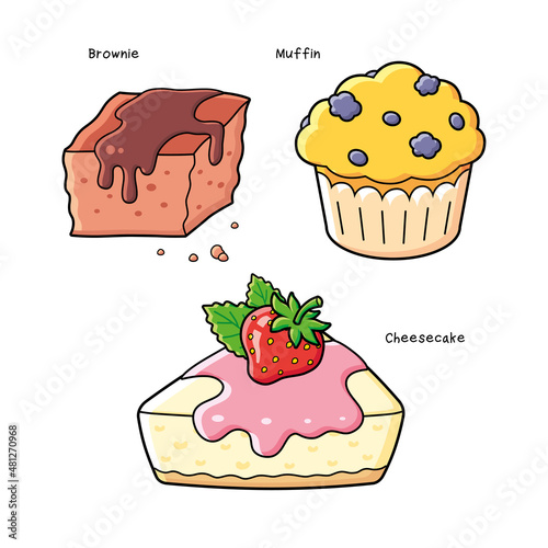 Chocolate brownie cake piece, blueberry muffin and cheesecake slice with strawberry isolated cartoon vector, sweet dessert pastry confection set.