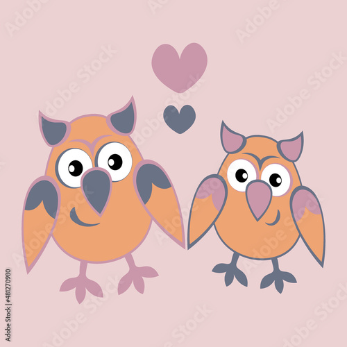 two owls in love with hearts. Cartoon birds. Pastiche. Children drawing