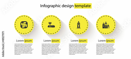 Set Jainism, First communion symbols, Church pastor preaching and building. Business infographic template. Vector