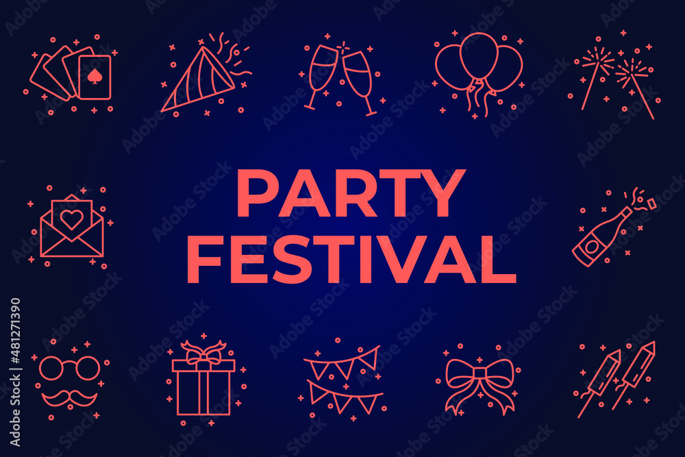 Naklejka premium Set of Party icon. Party Festival pack symbol template for graphic and web design collection logo vector illustration