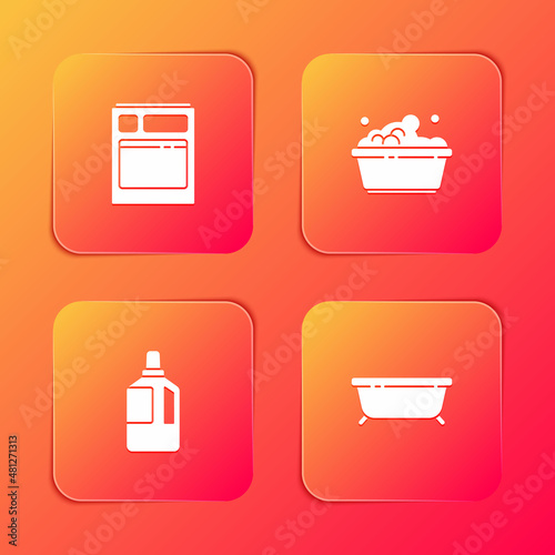 Set Kitchen dishwasher machine, Plastic basin with soap suds, Fabric softener and Bathtub icon. Vector